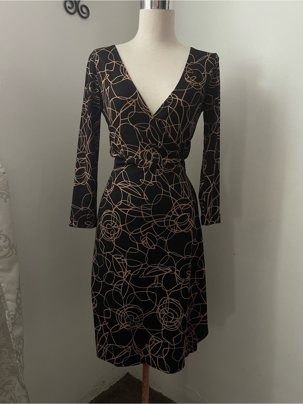 BCBGMaxAzria Black Wrap Midi Dress with Tan Floral Line Print